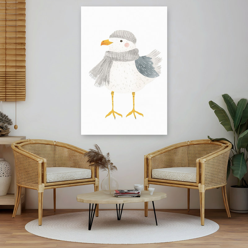 Cozy Seagull Friend Whimsical Contemporary Seagull Bird Winter Wall Art Print 1 Piece Wrapped Canvas Wall Art