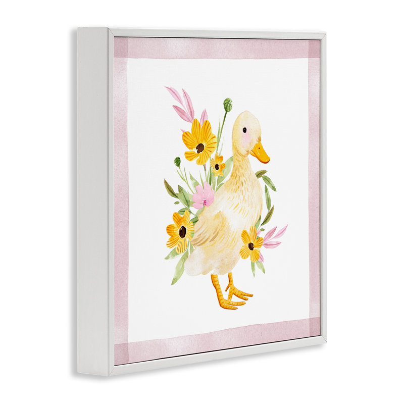 «Duck & Yellow Daisies», estampe numérique par Enya Todd, Giclée encadrée blanc bord de mer, H 17 po x l 17 po