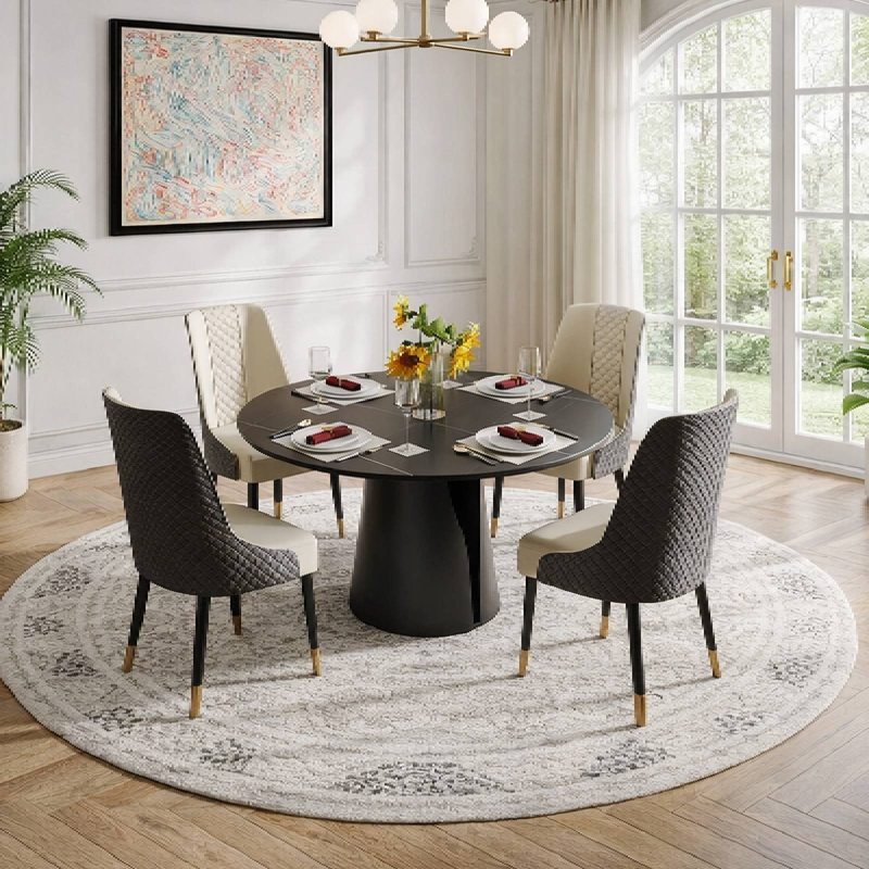 47" Vera Modern Round Dining Table, Sintered Stone Tabletop With Carbon Steel Pedestal Base for Kitchen, Matte Black, Black