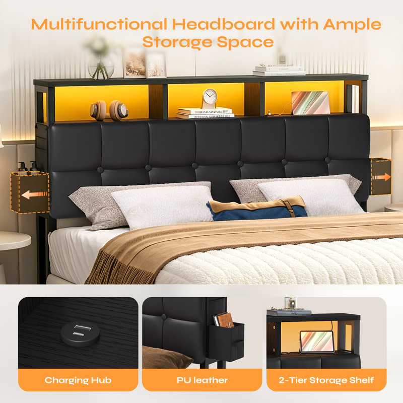 Upholstered Storage Headboard With Built-In Charging Station, LED Light Strip, Hidden Drawer And Shelf – Tufted Button Design