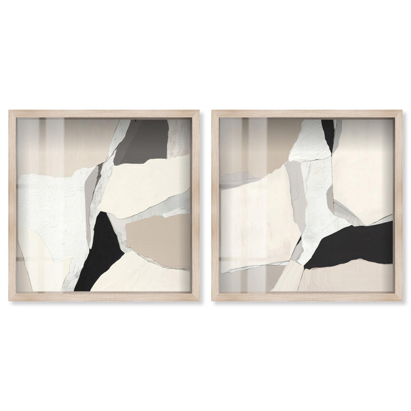 Ensemble de décorations murales neutres en pierre, ensemble encadré Shadowbox par Art Remedy, cadre blond, 12 x 12