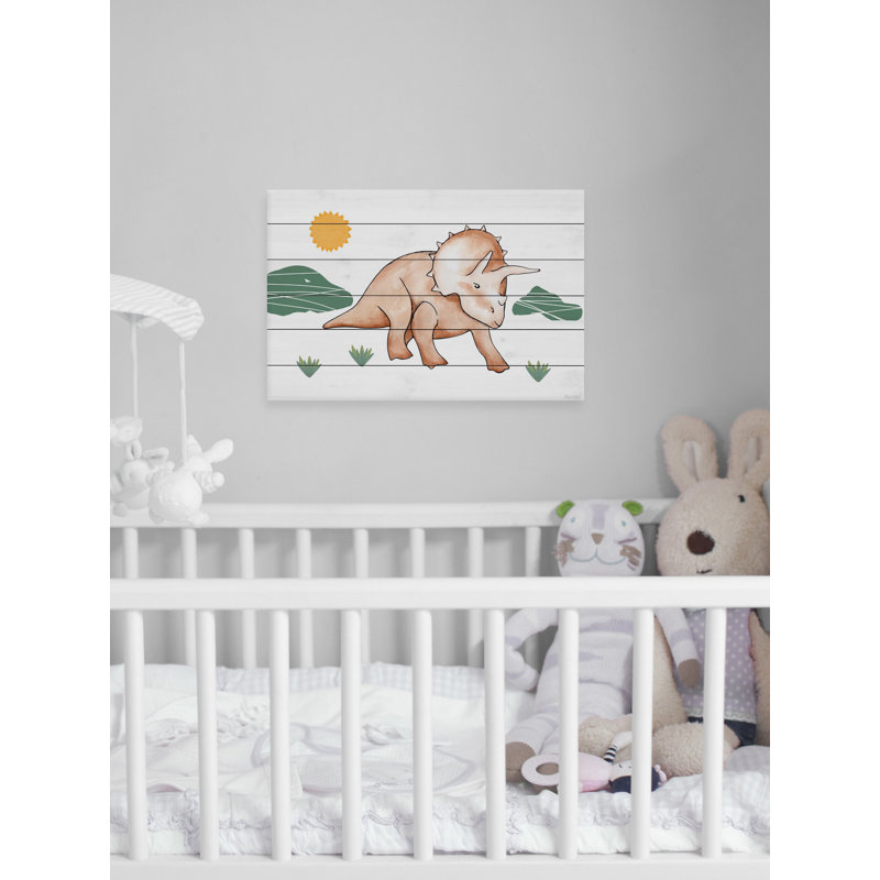 Reproduction de dinosaure à trois cornes Gadbois sur bois blanc, H 20 po x l 30 po x P 1,5 po