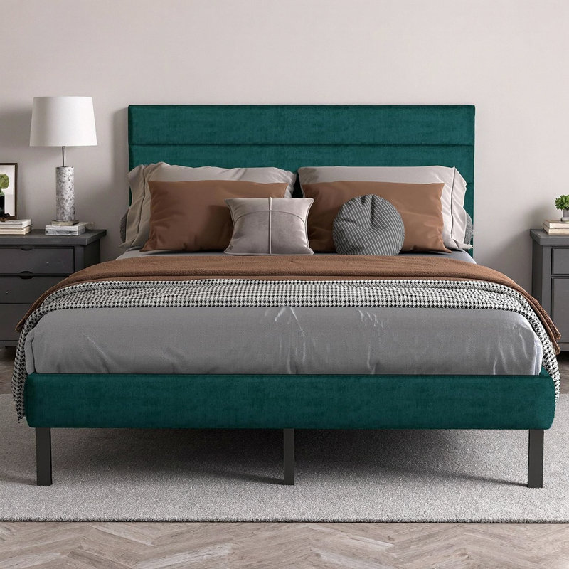 Grand lit plateforme en métal robuste avec rangement 14 po et tête de lit tapissier, Vert