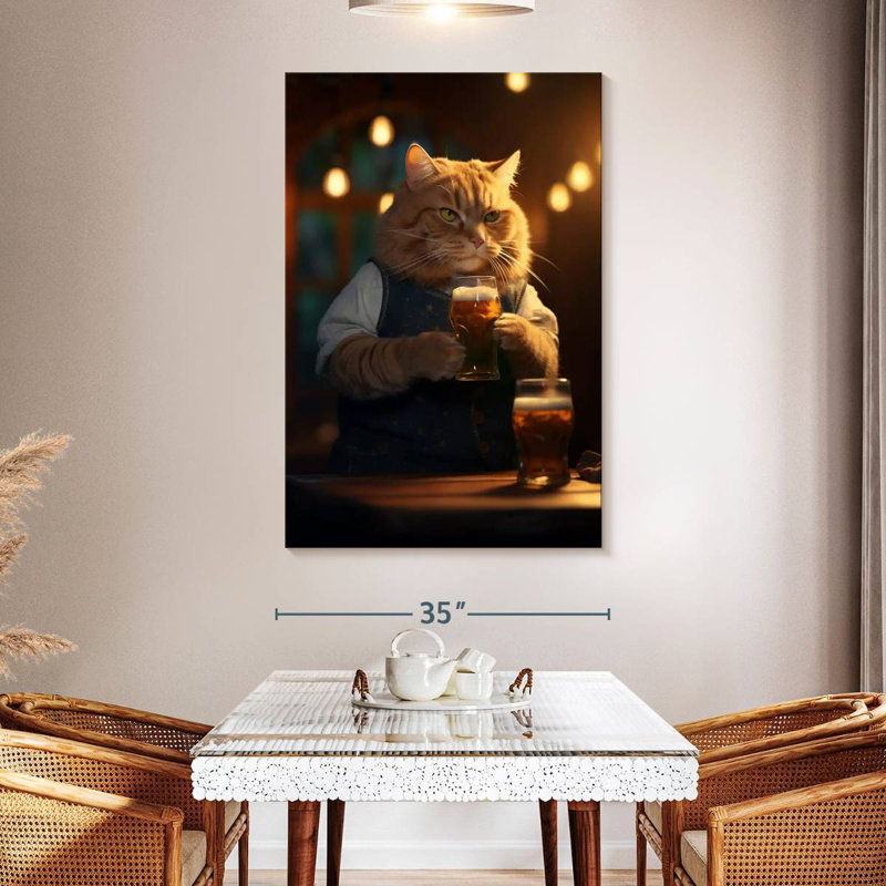 Brampt Orange Tabby Cat Drinking Beer, 51" H x 34" W