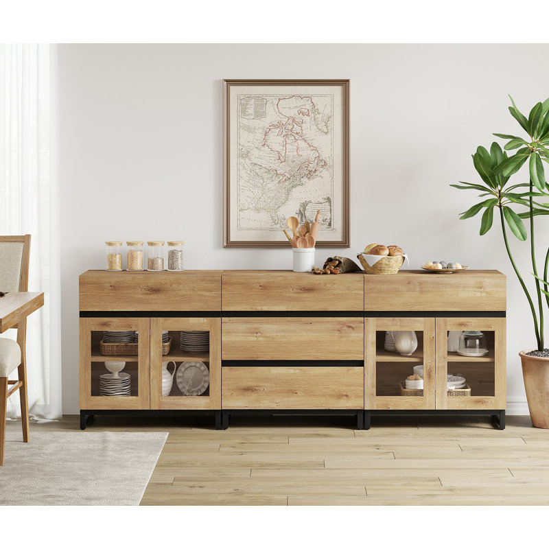 3 In 1 Multifunctional Sideboard Buffet Cabinets With Glass Doors And 5 Drawers, Modern Sideboard Credenza With Adjustable Shelf And Metal Base, Coffee Bar Cabinet Storage Cabinet For Living Room, Kitchen