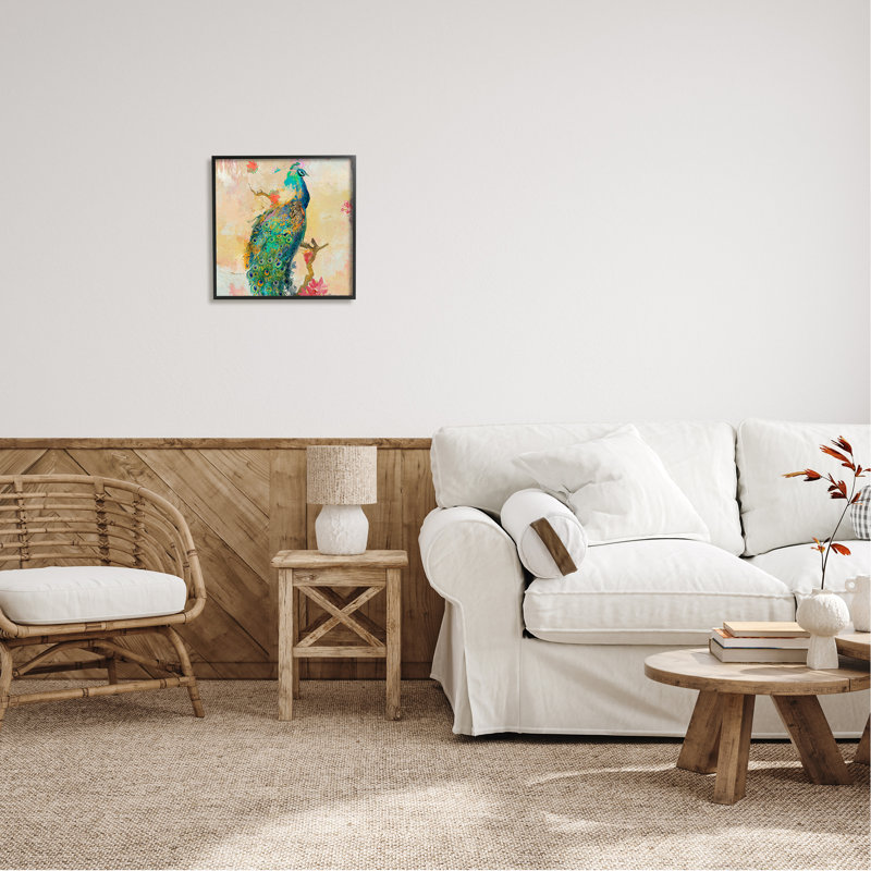 «Modern Peacock Cherry Blossoms» par Evelia Designs - cadre flottant, impression sur bois, Giclée encadrée noir minuit