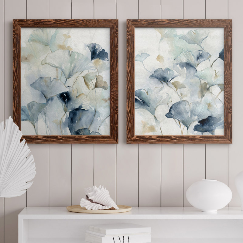 Indigo Ginkgo I - peinture sur toile 2 pièces, Cadre en érable, H 43,5 po x l 31,5 po x P 1 po