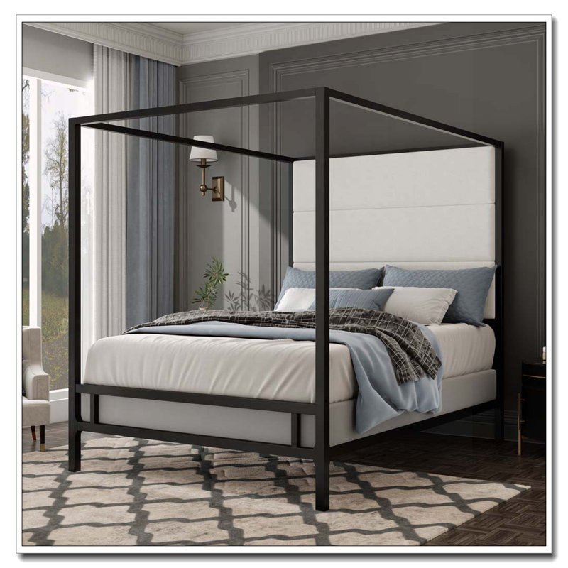 Canopy Bed With Tall Linen Fabric Upholstered Headboard Metal 4-Poster Bed Frame, King, Black/White