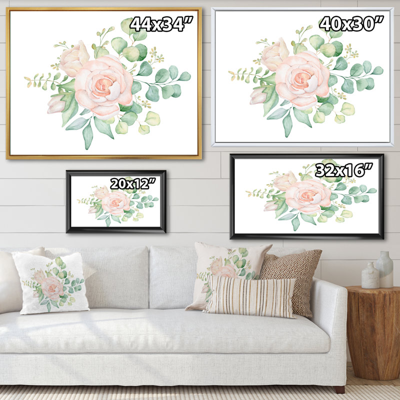 Bouquet de fleurs de rose et d'eucalyptus - Peinture sur toile, H 30 po x l 40 po x P 1,5 po, Cadre flottant noir