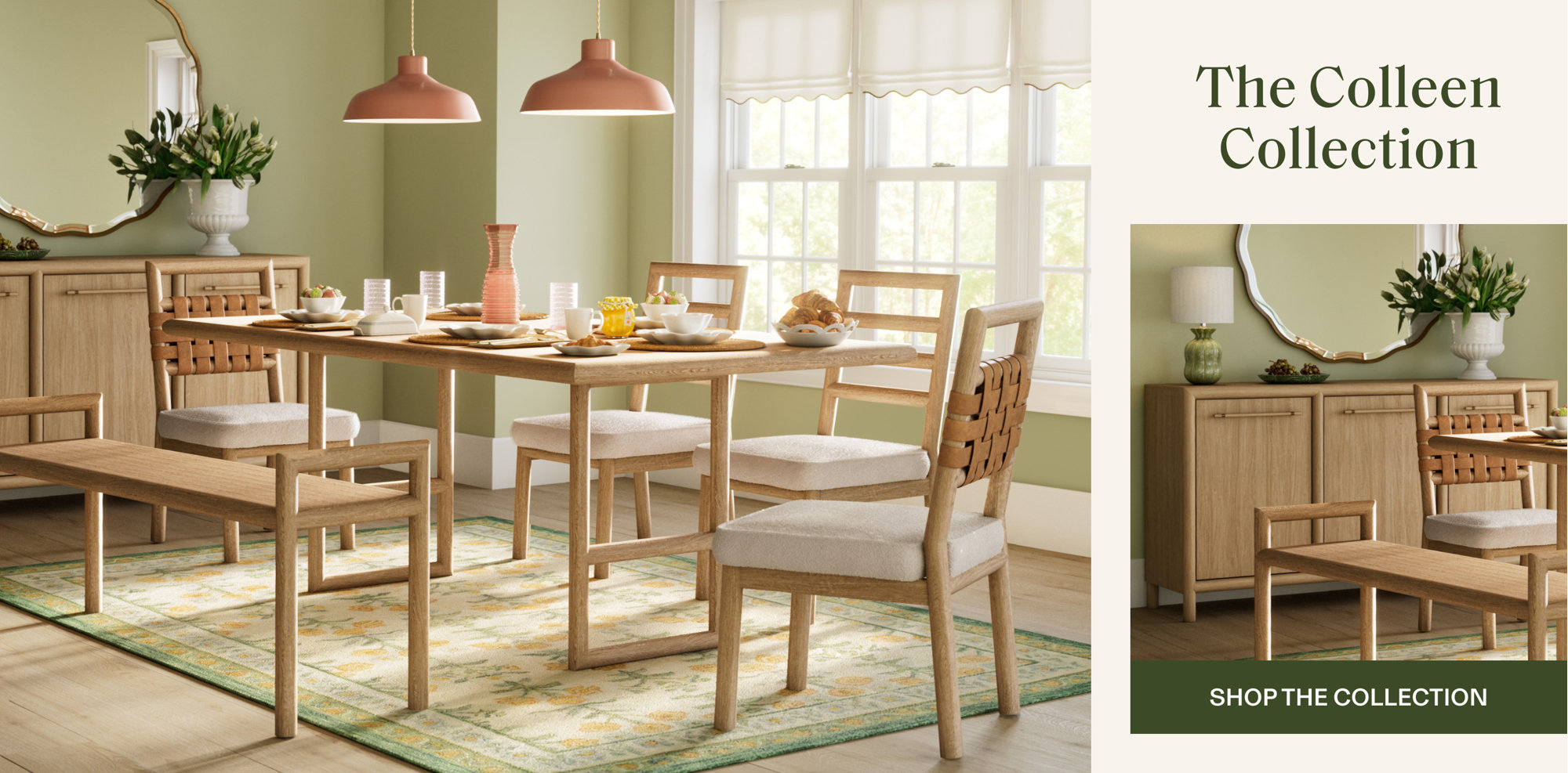 The Colleen Collection natural acacia wood dining room set featuring a table with rounded edges, woven leather back chairs with cushioned seats, a matching bench, sideboard, and coral pendant lights in a sage green room