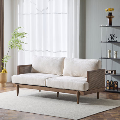 72" Square Arm 3 - Seater With Boucle Fabric, Cane And Walnut Wooden Frame, Great For Apartment Living, Design, Middle Leg Support Suitable Bedrooms, Structure, Comfortable Seats