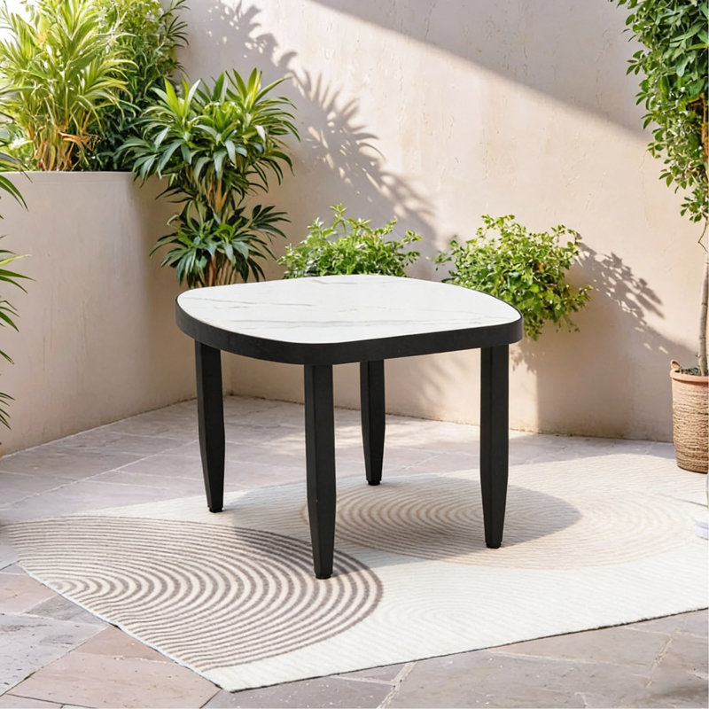 Modern Outdoor Elegance Arc 23.6''Side Table With Greek White Marble-Inspired Sintered Stone Top/ Aluminum Frame/ Post Tapered Legs & Rounded Corners/Weatherproof & Rust-Free