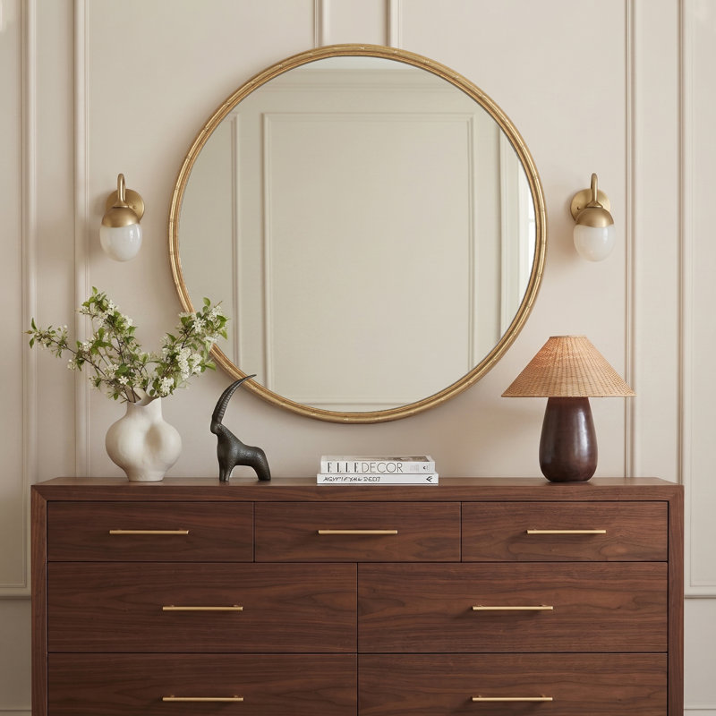 Bamboo Textured Round Wall Mirror, 36"