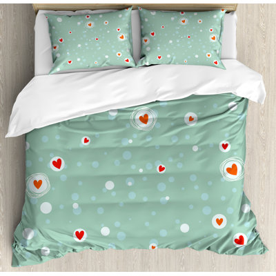 Ensemble de housse de couette image de fond turquoise à cercles abstraits esquissés avec coeurs