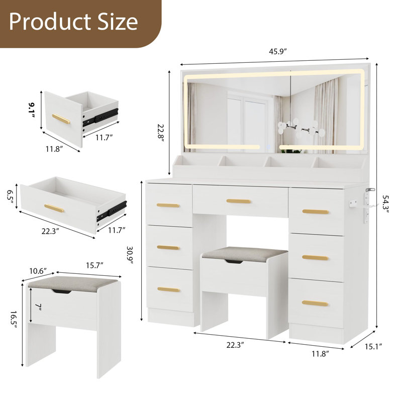 Tocador con espejo amplio e iluminación LED regulable - 8 cajones amplios - 3 modos de luz y brillo ajustable - Enchufe integrado - Perfecto para dormitorio o vestidor - Color blanco