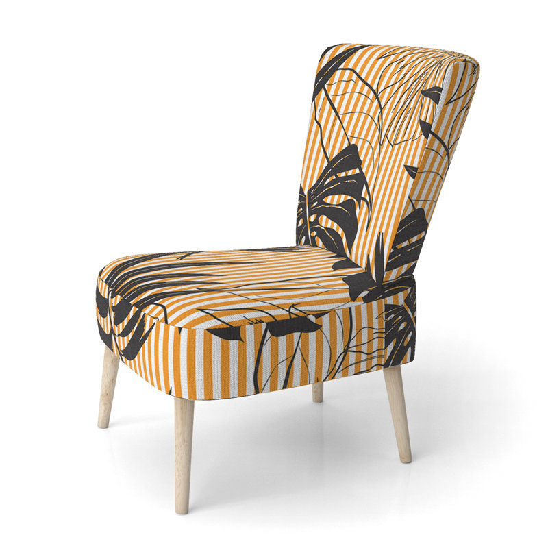 Chaise d'appoint rembourrée à motif à motif de feuilles tropicales noires et crème