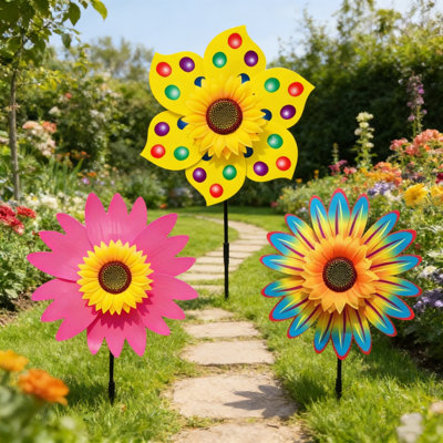 Set Of 3 Outdoor Colorful Sunflower Wind Spinner Stake Sunflower Windmill Pinwheel For Lawn Camping Picnic Decor