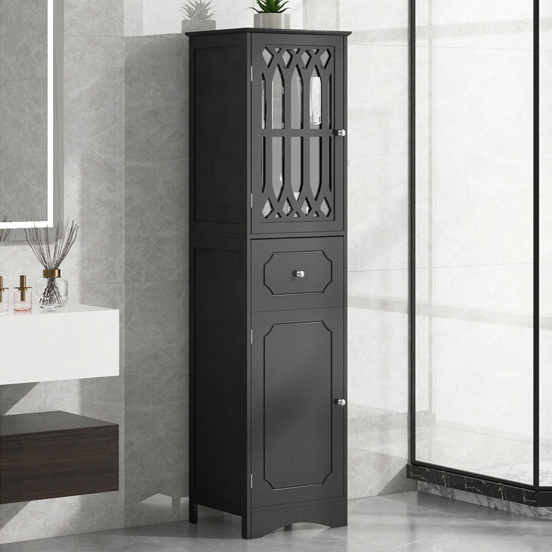 Grande armoire de salle de bain autoportante avec tiroir et portes, tablette réglable, panneau de fibres à densité moyenne et acrylique