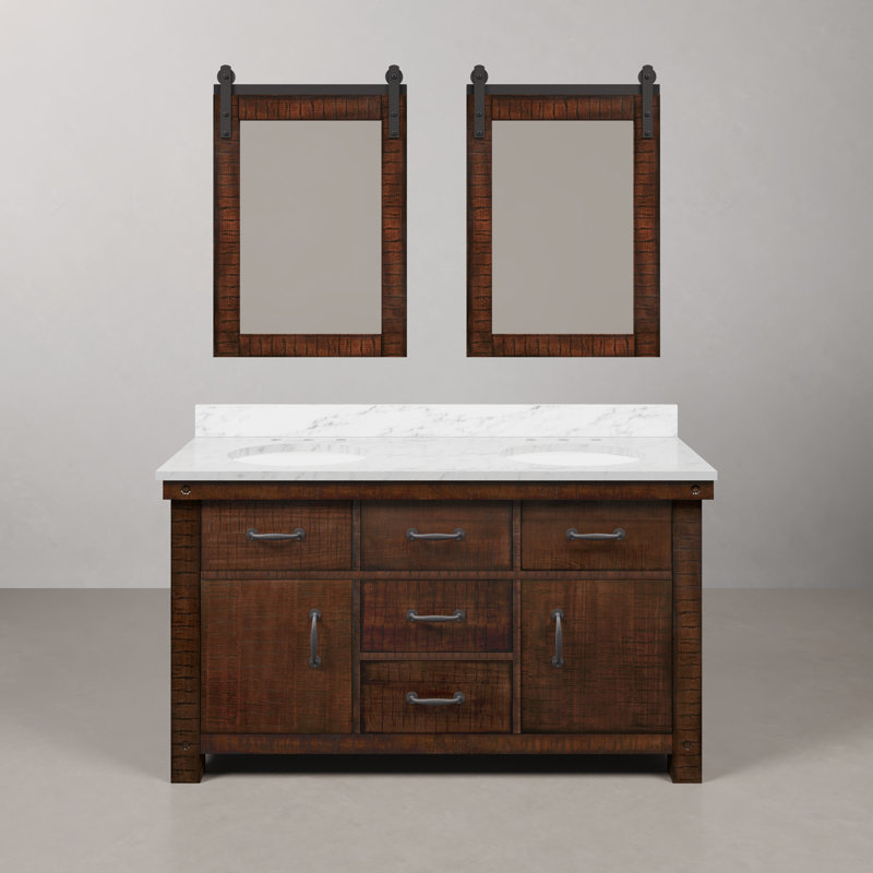 Aberdeen 60 In. Double Sink Carrara White Marble Countertop Vanity In Grizzle Gray With Mirrors, Carrara White, Rustic Sierra