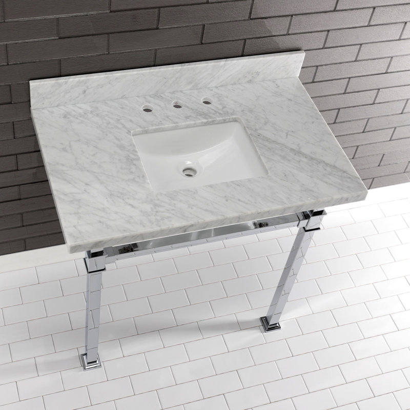 Kingston Brass Monarch 36-Inch Carrara Marble Console Sink with Stainless Steel Legs (8-Inch, 3-Hole)
