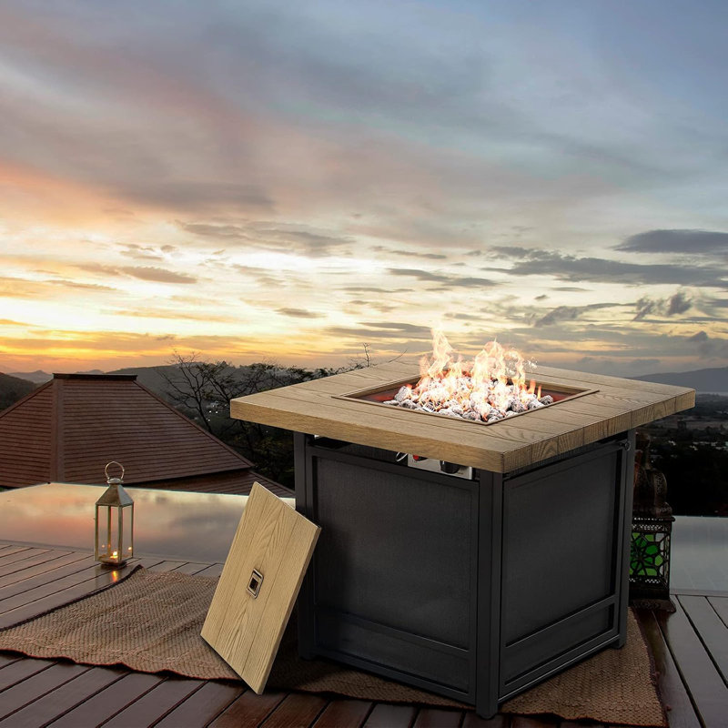 29 Inch Propane Fire Pit, Outdoor Fire Pit Wood Grain Square Smokeless Firepit Table With Sling Base, Light Brown Tabletop/Square