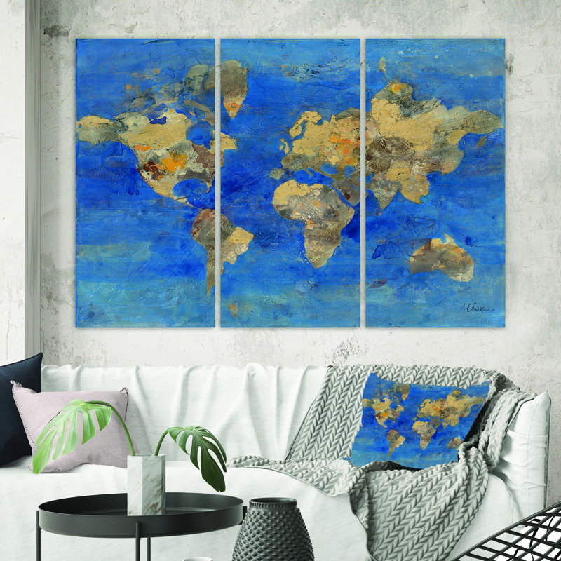 Golden Blue World Map - Reproduction d'art sur toile tendue à pièces multiples, H 28 po x l 36 po x P 1 po