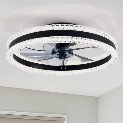  20" Crystal Ceiling Fan With LED Light And Remote, Double Ring Modern Flush Mount Hidden Blades Ceiling Fan
