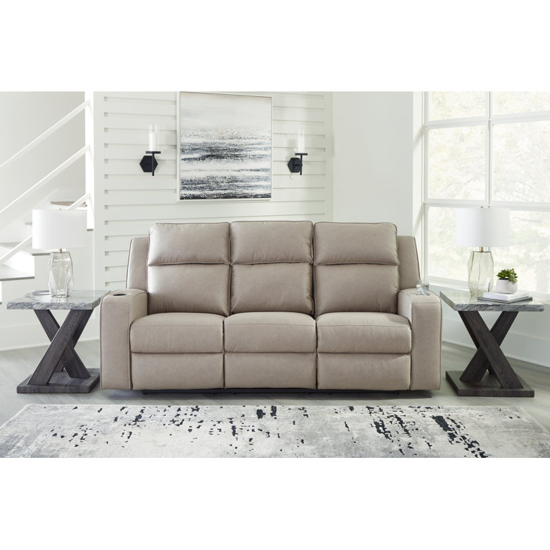 Stockley Reclining Sofa With Drop Down Table, Gray Faux Leather