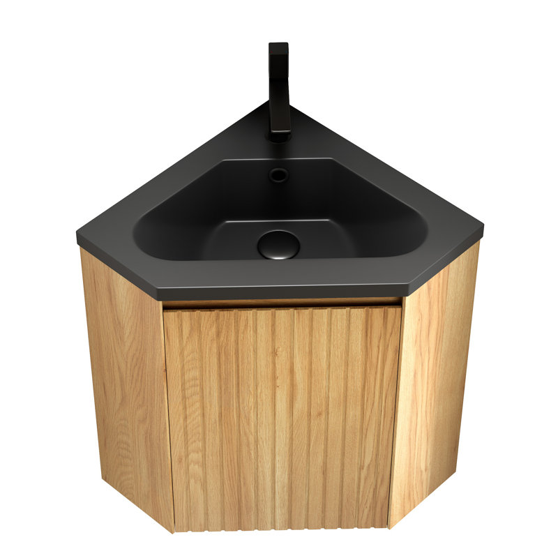 Meuble-lavabo de salle de bain 30 po, armoire de rangement flottante triangulaire murale en contreplaqué avec lavabo intégré en résine à une porte, convient au coin, pré-assemblé