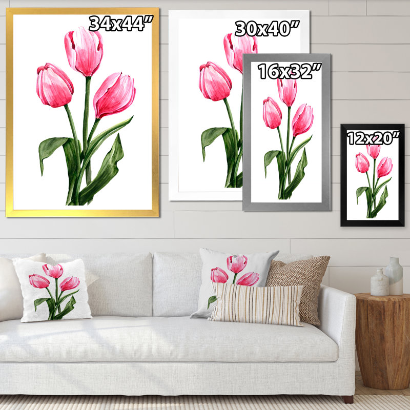 Trois tulipes rouges au printemps - Peinture sur toile, Cadre d'angle fermé noir, H 32 po x l 16 po x P 1 po