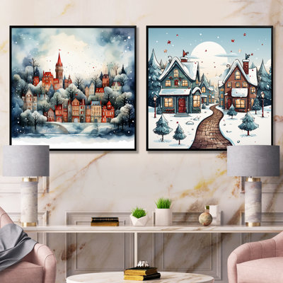Winter Village pendant Noël I - campagne, ensemble de 2 reproductions d'art sur toile