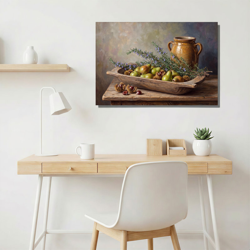 Poires vertes et châtaignes dans une auge en bois - Tableau sur toile, H 12 po x l 18 po