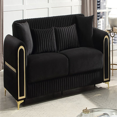 Modern Upholstered Sofa In Black With Solid Birch Wood Frame, Pocket Coil Seating And Gold Stainless Steel Legs