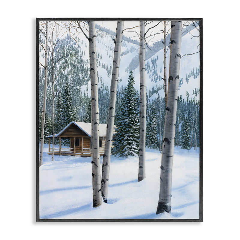 «Snowy Cabin Through Birch», art de la giclée encadrée par Kevin Daniel, Giclée encadrée noir minuit, H 14 po x l 11 po