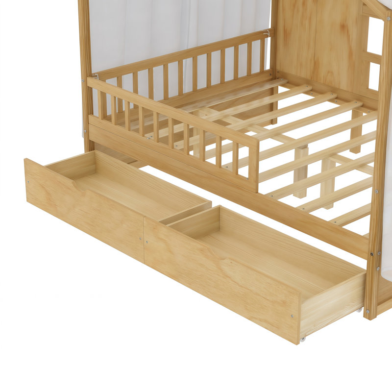 Lit de style maison basse avec rideaux, tiroirs de rangement et tablettes, Naturel, Lit double