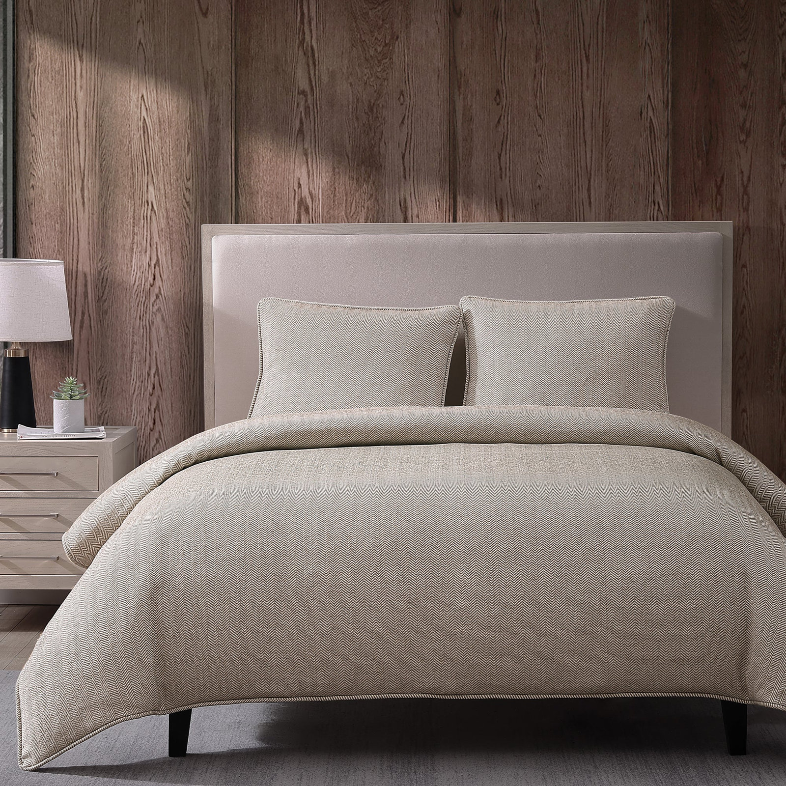 Chenille Herringbone Cotton Duvet Cover Set, Queen Duvet Cover + 2 Standard Shams, Sand