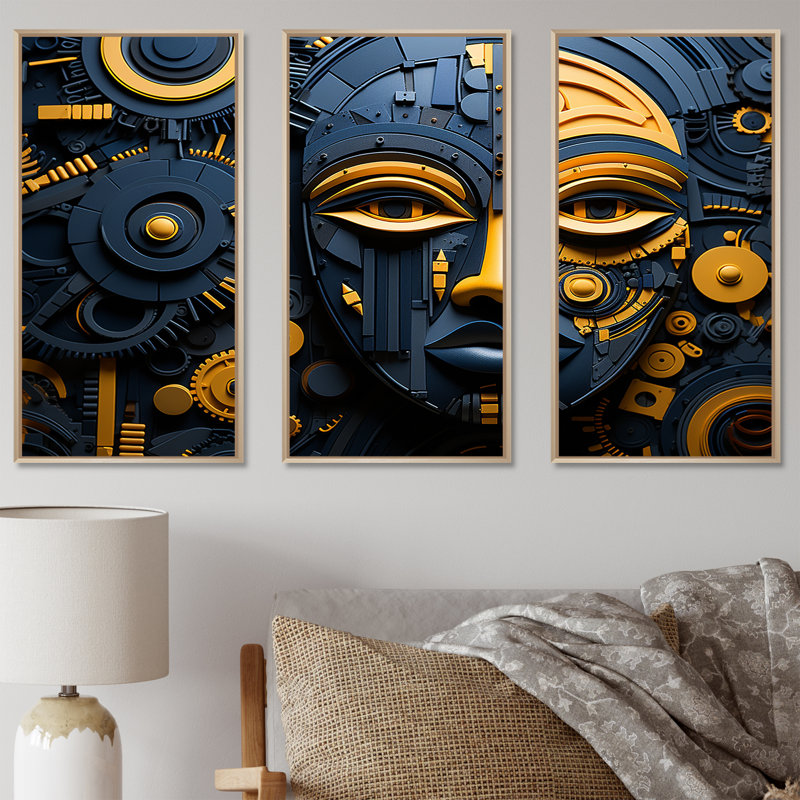 Jaune et bleu, motif de Kuba africain - Masque africain, art mural, Cadre flottant brun, H 28 po x l 36 po