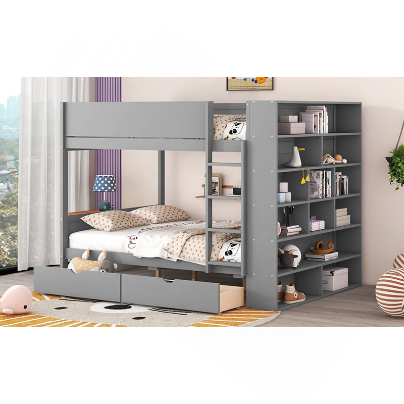 Lit superposé double au-dessus de double avec 2 tiroirs et armoire multicouche, gris, Lit double