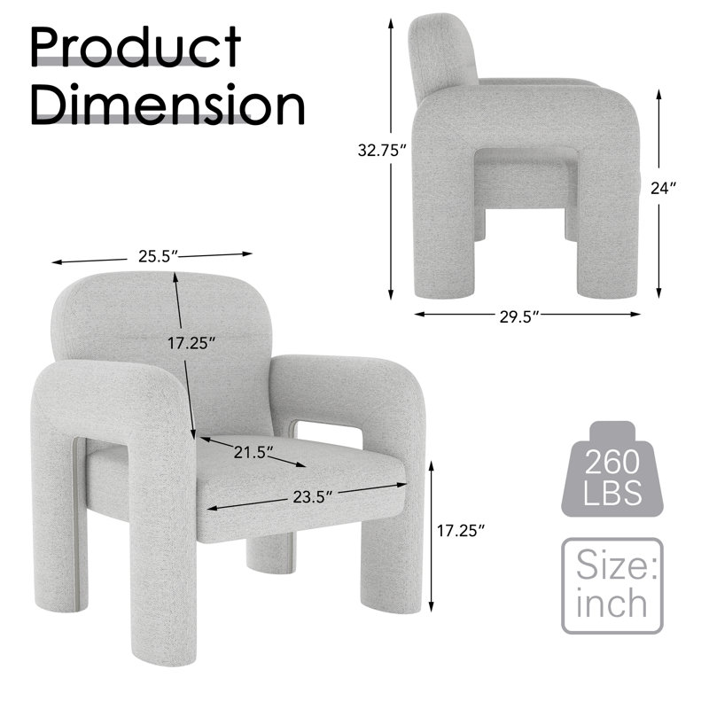Chaises d'appoint rembourrées en tissu avec accoudoirs en U l 23,5 po, Petit gris