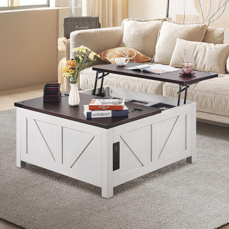 Table basse à plateau relevable, table basse carrée à charnière avec barre d'alimentation intégrée, table basse rustique en bois pour le salon ou la chambre à coucher, brun et blanc