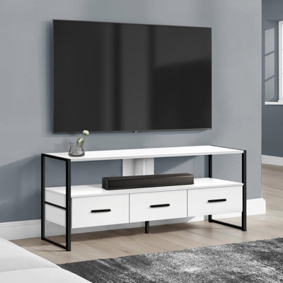 Meuble télé moderne de 48 pouces avec tiroirs de rangement et tablettes ouvertes, idéal pour les salons et les chambres contemporains