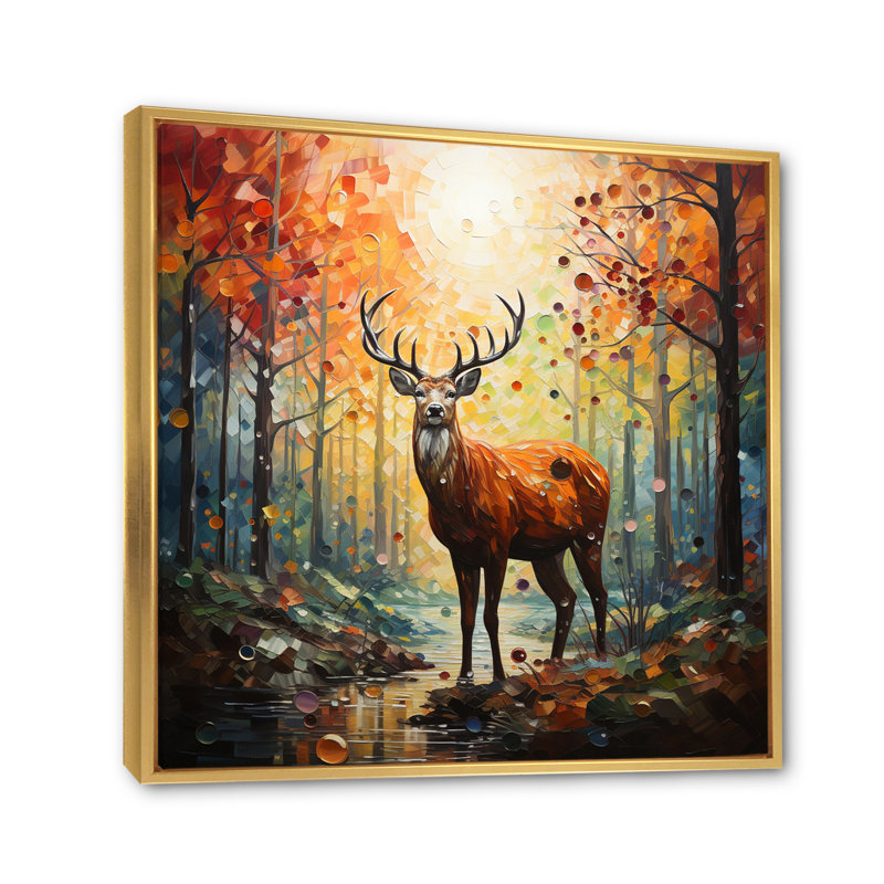 «Animal Deer Harmony in Forest II», reproduction sur toile tendue, Cadre flottant doré, H 36 po x l 36 po x P 1,5 po
