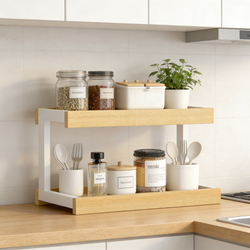 Étagère de rangement à 2 niveaux pour comptoir de cuisine, salle de bain, bureau, bois rustique et métal avec cloisons de sécurité