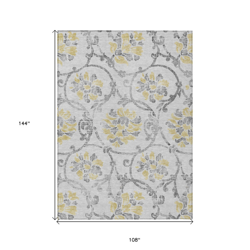 Tapis extérieur lavable floral à motif floral argenté et doré 9 pi x 12 pi