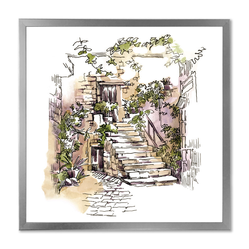 Vintage Old Europe View V - peinture sur toile encadrée, H 16 po x l 16 po x P 1 po, Cadre argenté