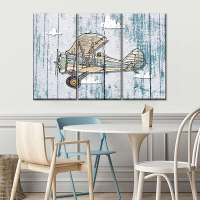 Caricature d'un avion rustique - impression sur toile tendue 3 pièces