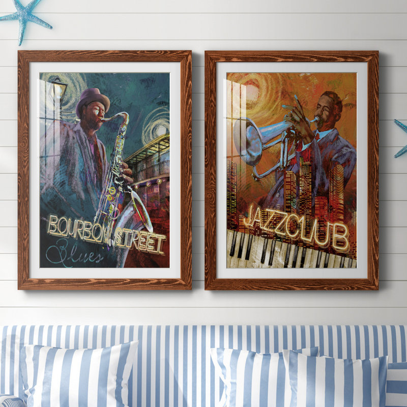 Bourbon Street Blues - ensemble de 2 reproductions sur papier, H 44 po x l 31 po x P 1 po, Papier avec cadre érable, Blanc