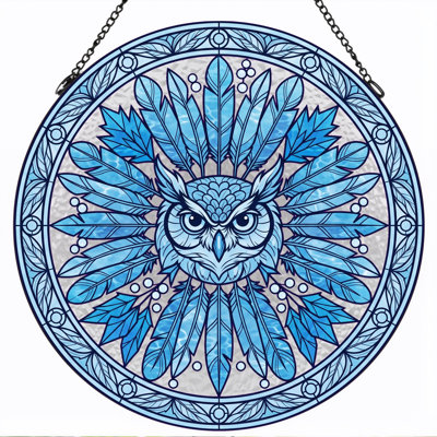 Vitrail Hibou bleu ， 12 po