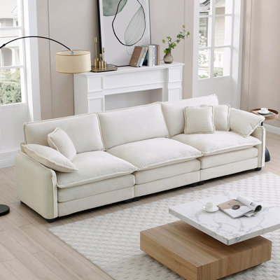 Corduroy Fabric 3 - Seater Sofa with 2 Arm Pillows and 3 Throw Pillows
