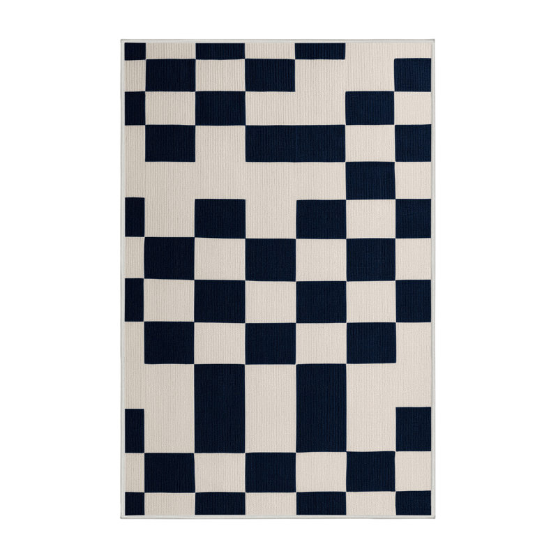 Tapis beige à carreaux lavable à la machine, Rectangle 7 pi x 10 pi